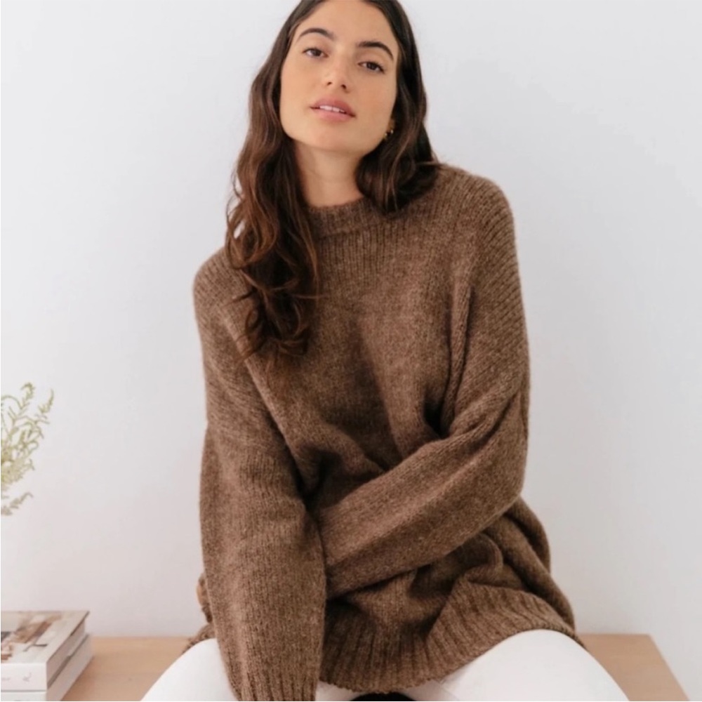 Jenni Kayne Chocolate Brown Alpaca Blend Cocoon Crewneck Pullover Sweater
